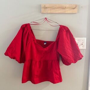 Old Navy Red Puff Sleeve Peplum Top Smocked Back Square Neck Blouse Medium